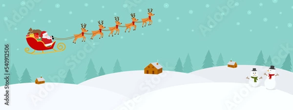 Fototapeta Merry Christmas banner vector illustration, Santa Claus flying sleigh with gifts and reindeer on snowflake sky over winter white snow landscapes village with snowman, calibration holiday background.
