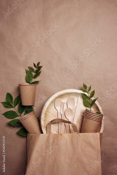 Fototapeta Eco-friendly packaging and tableware set on brown paper background with green leaves and copy space.