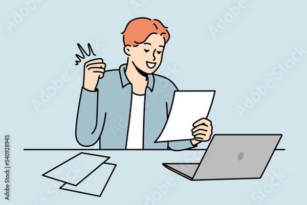 Fototapeta Smiling young man sit at desk work on computer excited with good news in letter. Happy guy celebrate promotion or win notification in paperwork. Vector illustration. 