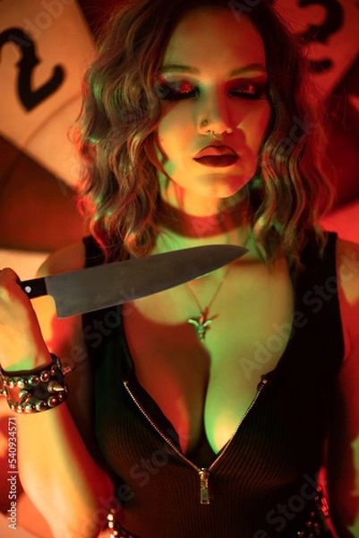 Obraz Girl with a knife at her throat. image for halloween