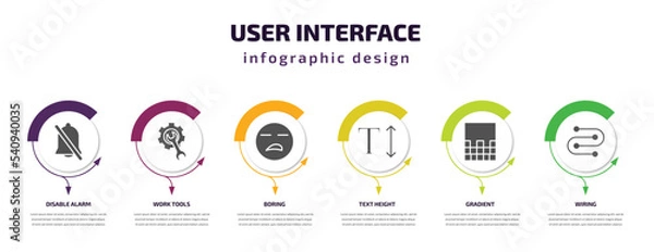 Obraz user interface infographic template with icons and 6 step or option. user interface icons such as disable alarm, work tools, boring, text height, gradient, wiring vector. can be used for banner,