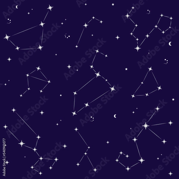 Fototapeta Seamless pattern with stars, constellations. Starry night sky, galaxy. Vector illustration.