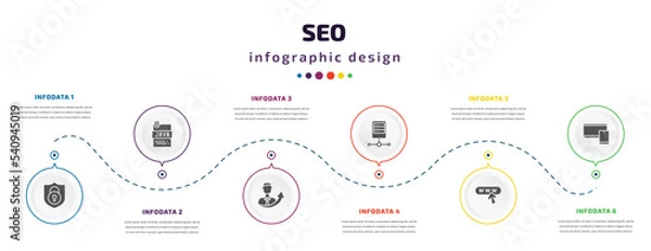 Fototapeta seo infographic element with icons and 6 step or option. seo icons such as encryption, , seo growth, server, web domain, responsive vector. can be used for banner, info graph, web, presentations.