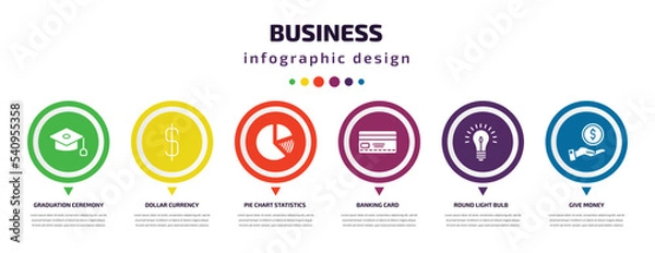 Fototapeta business infographic element with icons and 6 step or option. business icons such as graduation ceremony, dollar currency, pie chart statistics, banking card, round light bulb, give money vector.