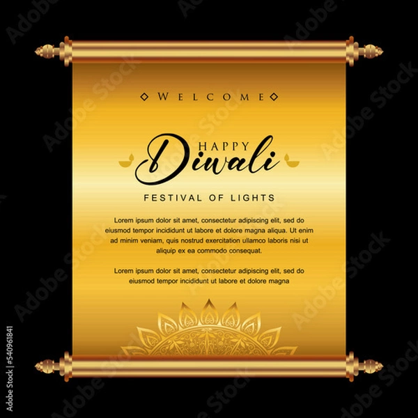 Obraz Happy Diwali festival golden scroll, Diwali holiday Background with rangoli, Diwali celebration greeting card, Diwali banner vector.