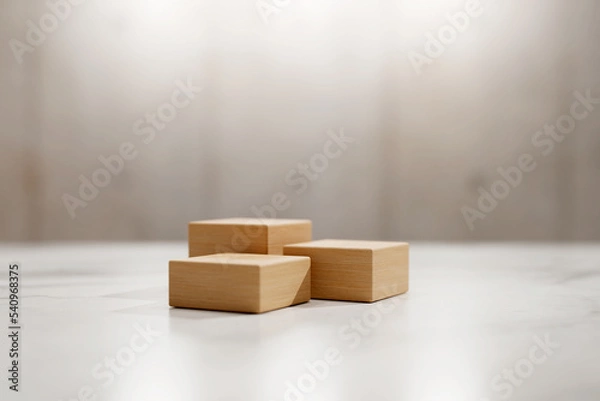 Fototapeta 3D rendering of three wooden block stages on white marble table surface. Product advertisement template.
