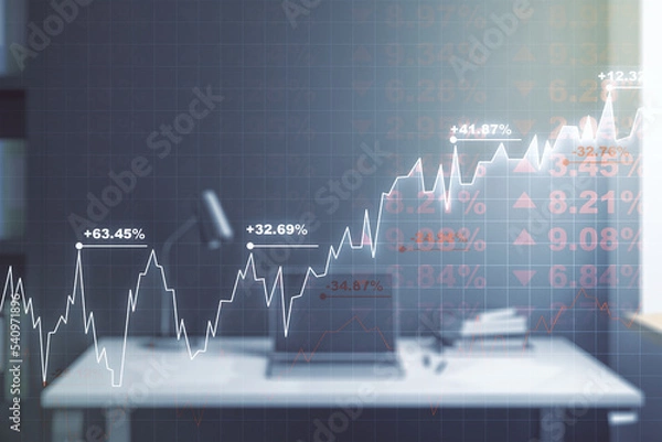 Fototapeta Multi exposure of abstract financial diagram and modern desk with computer on background, banking and accounting concept