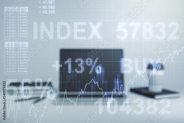 Fototapeta Multi exposure of abstract creative financial graph on modern computer background, forex and investment concept