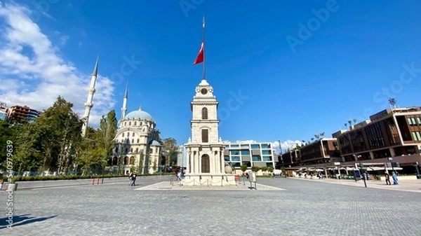 Fototapeta Tophane Clock Tower located in square area of Galataport .The tower built similar to Dolmabahce palace tower.