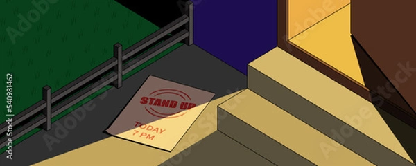 Fototapeta Half open door into bar with stand up show. Announcement about event on the ground. Leaflet with time beginning and text Stand up. Light from door.