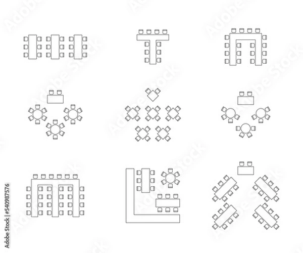 Fototapeta Plan for arranging seats and tables in interior on event banquet, layout graphic outline elements. Chairs and tables signs in scheme architectural scheme. Furniture, top view. Vector line