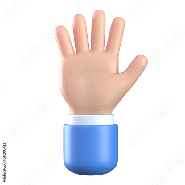 Fototapeta Cartoon 3d hand with open palm gesture, business hand waving or showing high five. 3d rendering