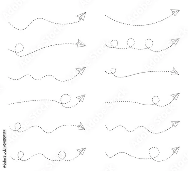 Fototapeta Set of dashed line paper airplane route 