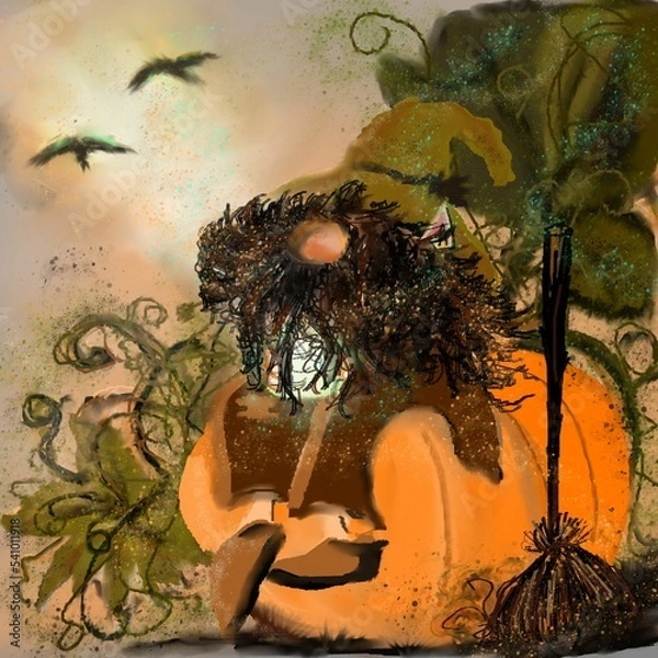 Obraz Wizard with crystal on pumpkin