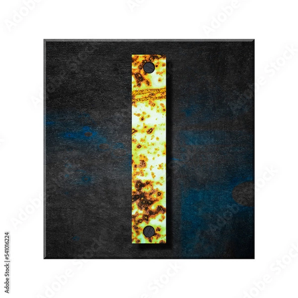 Fototapeta Letter l. Lower case. Alphabet from letters, from rusty iron, on a wooden plank. Isolated on white background. Education. Design