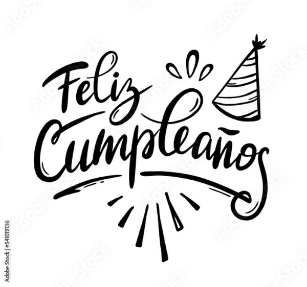 Fototapeta Happy birthday in Spain.  Lettering in Spanish with splashes and curls. Vector illustration