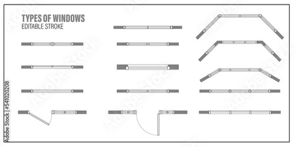 Fototapeta Architectural elements: window for floor plan top view. Set for scheme of apartments. Kit of icons for interior project. Construction graphic design symbol for blueprint view above. Vector
