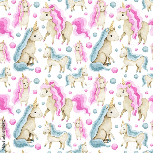 Fototapeta Watercolor seamless pattern with pink and blue unicorns, bubbles. Festive repeatable background for holiday designs