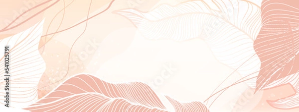 Fototapeta Floral background in light powdery shades of pink and white with large tropical leaves and stems. Beautiful modern templates for placing text, promotions, advertising, promotions. Vector summer illust