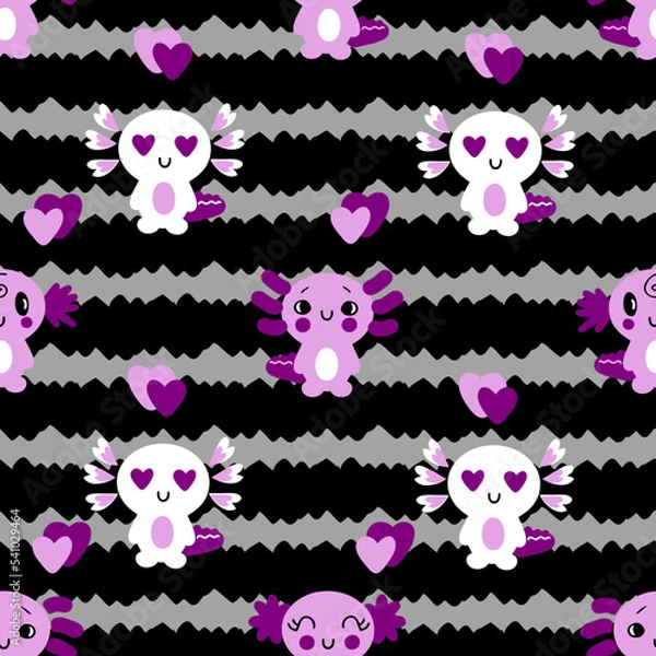Fototapeta Seamless pattern with axolotls and hearts in asexual flag colors. Perfect print for tee, textile and fabric. Hand drawn vector illustration for decor and design.