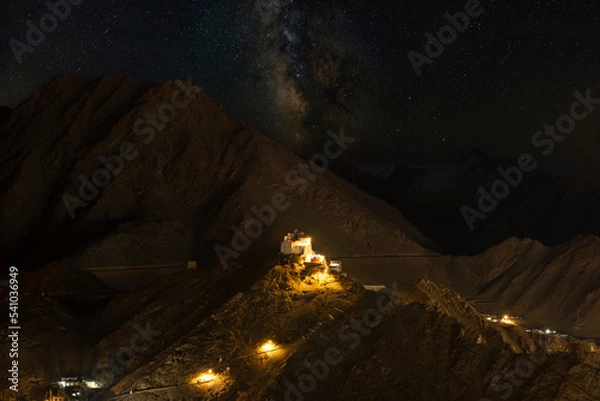 Fototapeta Nightsky with Namgyal Tsemo Gompa, main buddhist monastery centre in Leh, Ladakh, India