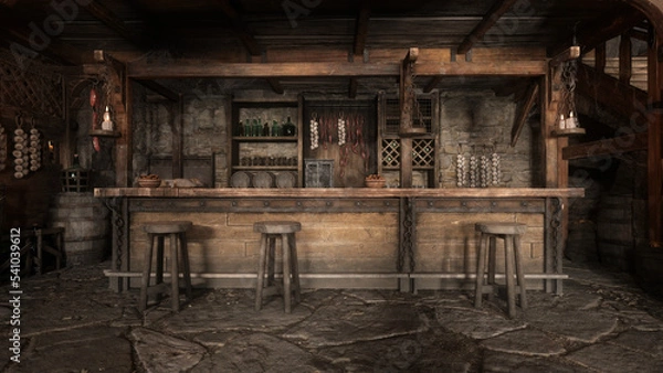 Obraz Średniowieczny bar z tawerną z drewnianymi stołkami na kamiennej podłodze, oświetlony światłem dziennym i wiszącymi świecami. Renderowanie 3D.