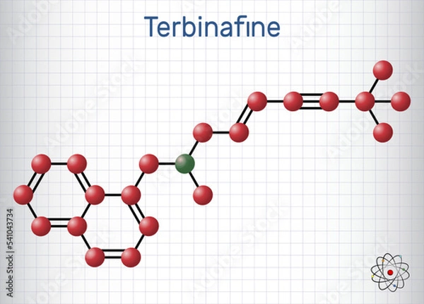 Fototapeta Terbinafine molecule. It is allylamine antifungal used to treat dermatophyte infections of toenails and fingernails. Sheet of paper in a cage. Structural chemical formula, molecule model