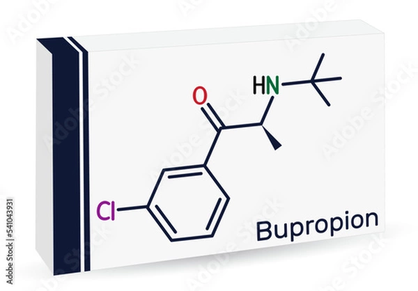 Fototapeta Bupropion molecule. It is aminoketone antidepressant, used in therapy of depression and smoking cessation. Skeletal chemical formula. Paper packaging for drugs