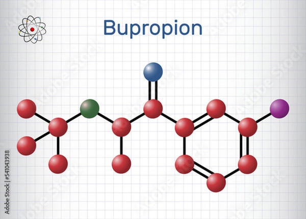 Fototapeta Bupropion molecule. It is aminoketone antidepressant, used in therapy of depression and smoking cessation. Structural chemical formula, molecule model. Sheet of paper in a cage.