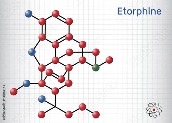 Fototapeta Etorphine,  M99 molecule. It is morphinane alkaloid, opioid analgesic, sedative only for veterinary use. Structural chemical formula, molecule model. Sheet of paper in a cage