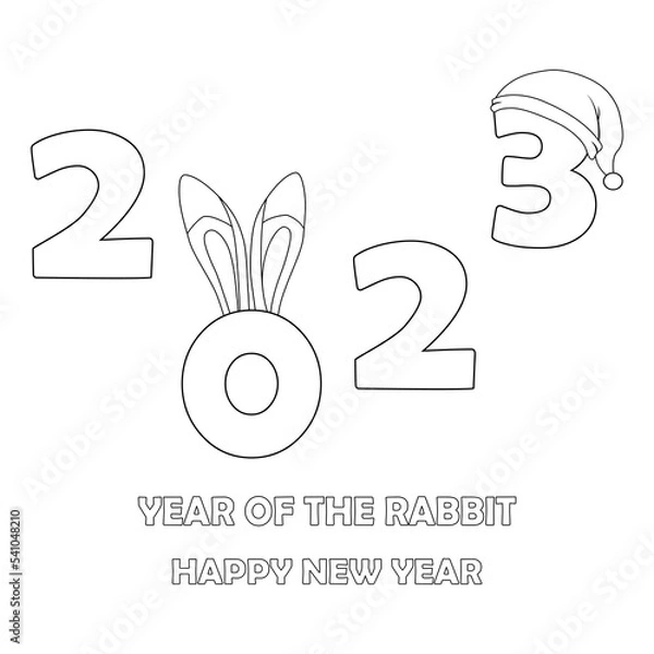 Fototapeta Colorless cartoon Rabbit ears and Santa claus hat on numbers 2023. Black and white template page for coloring book with Bunny as symbol of 2023 New Year. Worksheet or Greeting card for kids.