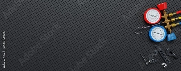 Fototapeta banner with tools manometers rolling pipe cutter 3d