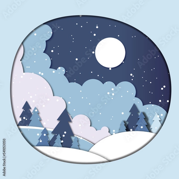Fototapeta Night Background with snow covered hills in fir forest. winter night scene in paper cut style. Festive layered background with 3D realistic paper Christmas landscape and snowfall.