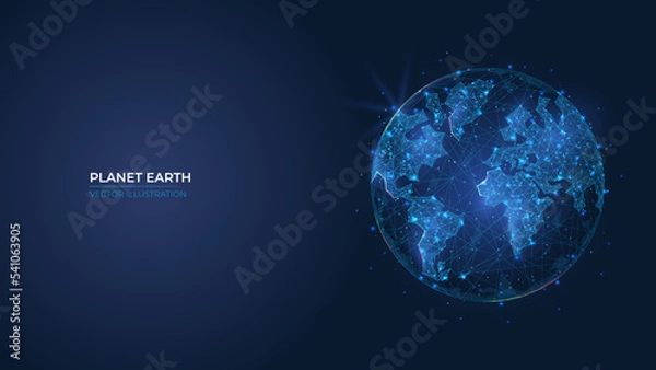 Fototapeta Futuristic abstract symbol blue planet earth. Concept blue glowing earth day, saving the planet, ecology. Low poly geometric 3d wallpaper background vector illustration.