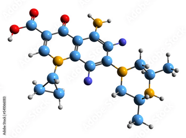 Fototapeta 3D image of Sparfloxacin skeletal formula - molecular chemical structure of fluoroquinolone antibiotic isolated on white background
