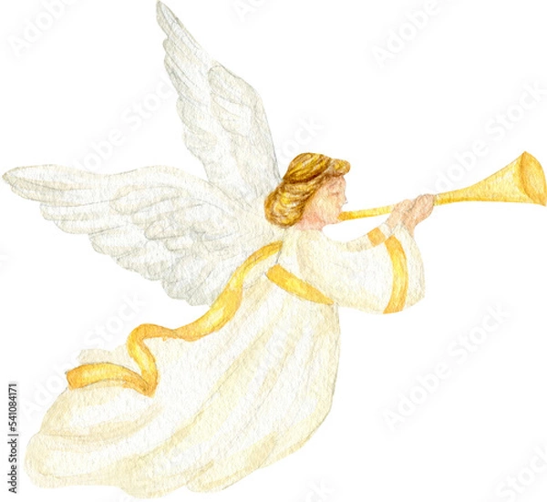 Obraz Christmas angel watercolor illustration, Christian Nativity angel with wings isolated on transparent background PNG, design for religious baptism invitation, greeting card