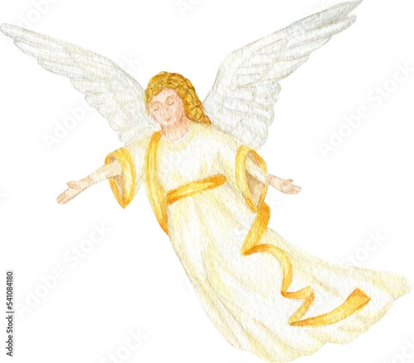 Obraz Christmas angel watercolor illustration, Christian Nativity angel with wings isolated on transparent background PNG, design for religious baptism invitation, greeting card