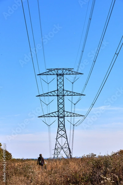 Obraz An electrical transmission tower with a distant figure walking