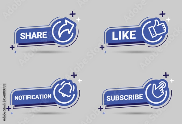 Fototapeta Share, Like, Notification, and Subscribe Buttons. Blue Set Vector Signs for Social Midia On White Background