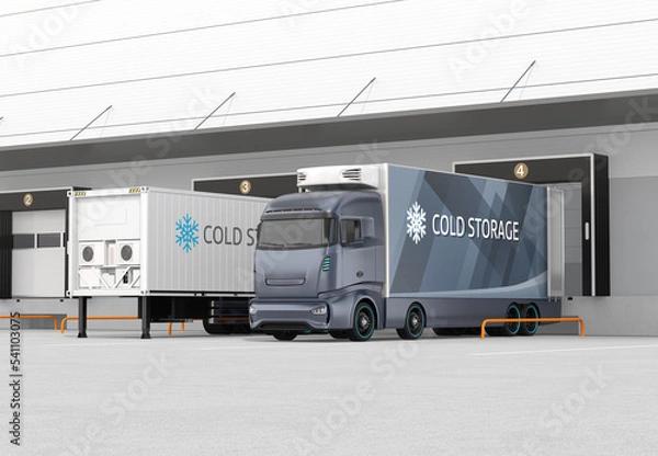Fototapeta Blue electric truck with reefer container and single container trailer parking in logistics center. Cold chain concept. 3D rendering image.