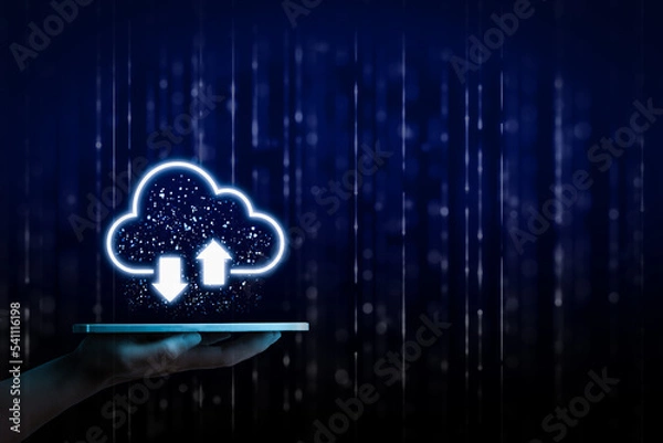 Fototapeta Cloud computing concept - Information technologist connect devices to cloud with cloud computing icon and tablet.
