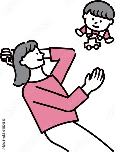 Fototapeta 横になっている母親の隣で遊ぶ子供のイラスト素材