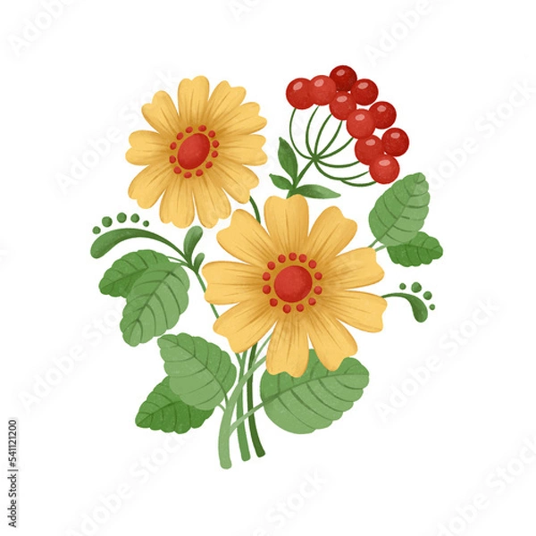 Obraz A stylized bouquet in folk style, yellow daisies with a bunch of red berries. Watercolor drawing on isolated background