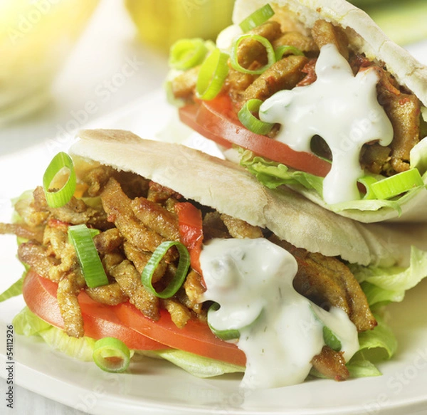 Fototapeta pita stuffed with shawarma tomato and lettuce