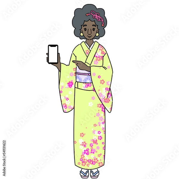 Fototapeta 笑顔でスマホを操作する着物を着た黒人女性　インバウンドやお祭りのイラスト　マスクなし
