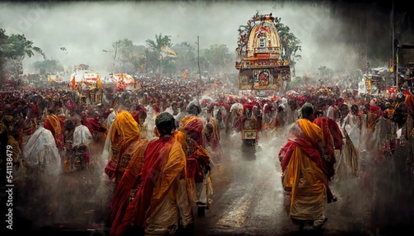 Fototapeta AI generated image of the annual grand Rath yatra or car festival of Lord Jagannath at Puri, Orissa, India 