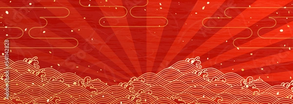 Fototapeta 赤地に金色の波模様　横長の和風背景イラスト