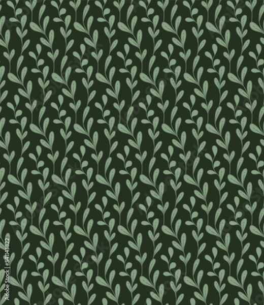 Fototapeta Vector pattern with cartoon intertwined branches with foliage on dark green background. Botanical texture with doodle hand drawn leaves and stems