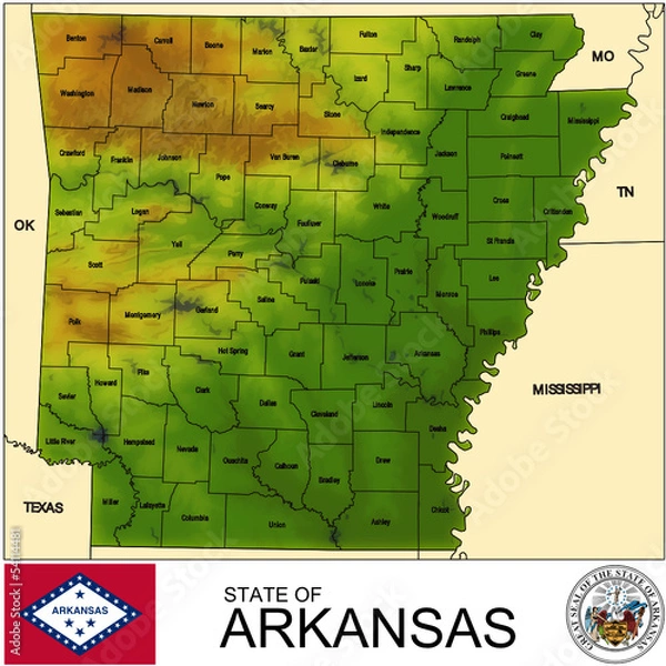 Obraz Arkansas USA counties name location map background