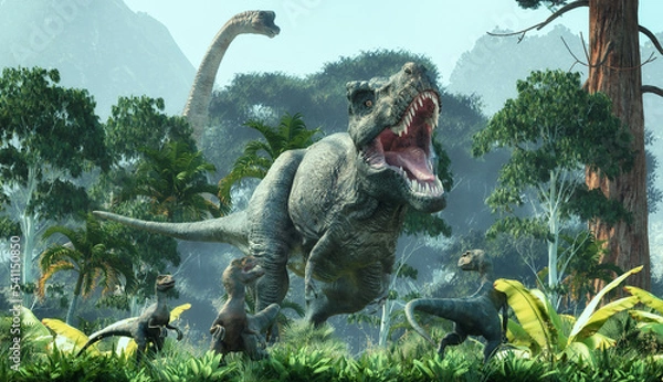 Fototapeta Tyrannosaurus and velociraptor walking through the forest.